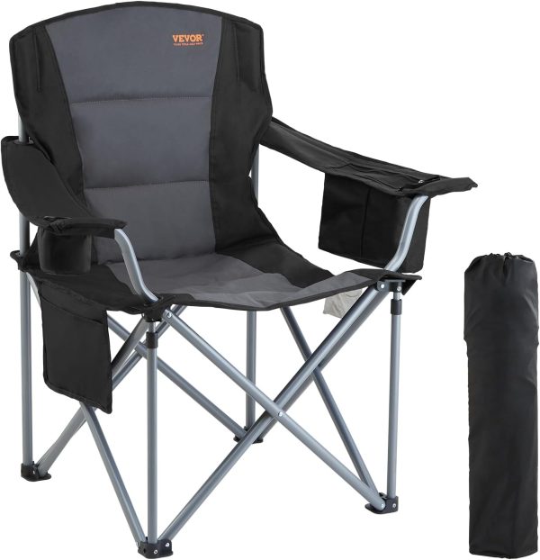 VEVOR Camping Folding Chair, Portable Heavy Duty Outdoor Quad Lumbar Back Padded with Side Pockets, Cup Holder and Cooler Bag for Beach, Lawn, Picnic, Fishing, Backpacking, Black