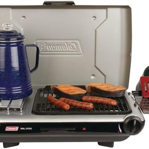 Coleman Tabletop 2-in-1 Grill & Stove with 2 Adjustable Burners, Propane Grill/Stove with Push-Button Starter, Wind Guards, Grease Tray, & 20,000 BTUs of Power for Camping, Tailgating, & More
