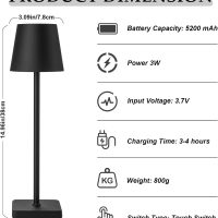 HASUN 2 Pack LED Cordless Rechargeable Table Lamp, 5200mAh Battery Operated Desk Lamp Table Light, Aluminum Shell, 3 Color Stepless Dimming Up Waterproof for Coffee Table/Indoor/Camping (Black) - Image 4