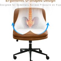 Dual Layer Criss Cross Legged Chair with Wheels, Comfy Rolling Office Desk Armless Chair with Pillows, Wide Swivel Vanity Chairs Computer Task Chair for Makeup, Bedroom (PU Leather Brown) - Image 4