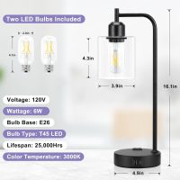 Industrial Touch Table Lamps for Bedrooms Set of 2 - 3-Way Dimmable Nightstand Lamps with USB C+A Ports and Outlet, Black Bedside Lamps with Glass Shade for Living Room, Desk Lamps for Home Office - Image 4