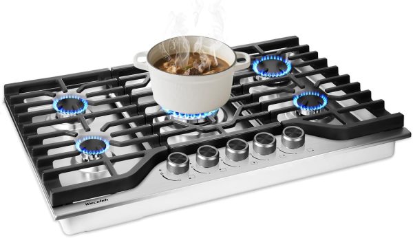 30 Inch Gas Cooktop Stovetop with 5 Italy SABAF Burners 39400BTU, 0.6mm Stainless Steel,Heavy-Duty Cast Iron Grate,Dual Fuel LPG/NG,Leakage Protection