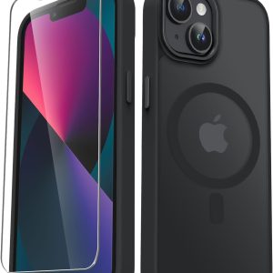 for iPhone 14 Case, iPhone 13 Case, with 1 Screen Protector, Matte Magnetic Slim Phone Cover, Support for Magsafe, Shockproof Protection Translucent Frosted Back,Black