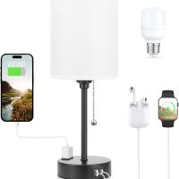 Small Bedside Table lamp for Bedroom - 3 Color Temperatures Bedside Lamps with USB C and A Ports, Pull Chain Table Lamps with AC Outlet, White Nightstand Lamps with Black Metal Base for Kids Reading - Image 8