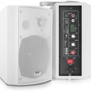 Pyle Wall Mount Home Speaker System - Active Passive Mountable Bookshelf Indoor Studio Garage Patio Stereo Sound Home Theater, Wireless Bluetooth Speaker Set W/Aux & RCA, White