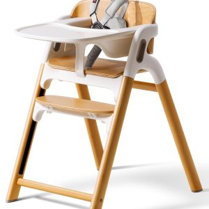 Momcozy DinerPal Wooden High Chair for Babies, Toddlers & Adults Up to 308 Lbs, Convertible Baby Highchair with Food-Grade Tray, Dishwasher-Safe, Adjustable & Ergonomic, Natural Wood