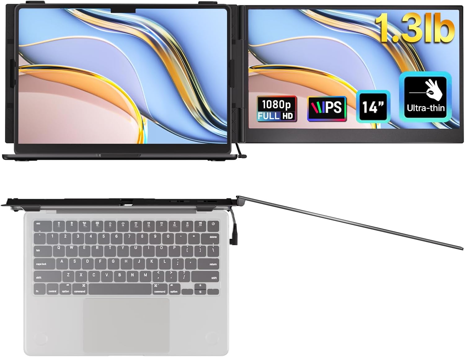 Laptop Screen Extender – Ultra-Thin 1.3lbs 14″ FHD IPS Dual Portable Monitor Extension for Laptop, Attachment Plug & Play for 13-17″ Laptops, Second Extra Travel Display for Windows/Mac/Android