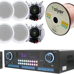 Home Theater System Kit 2000 Watts Bluetooth Amplifier with 6 Qty 6.5" 200 Watts in-Wall in-Ceiling Speakers & 16 Gauge 250 ft. Speaker Wire by Technical Pro