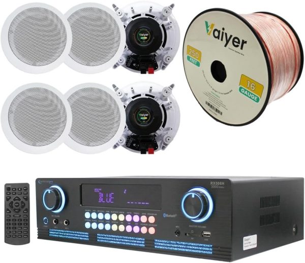 Home Theater System Kit 2000 Watts Bluetooth Amplifier with 6 Qty 6.5" 200 Watts in-Wall in-Ceiling Speakers & 16 Gauge 250 ft. Speaker Wire by Technical Pro