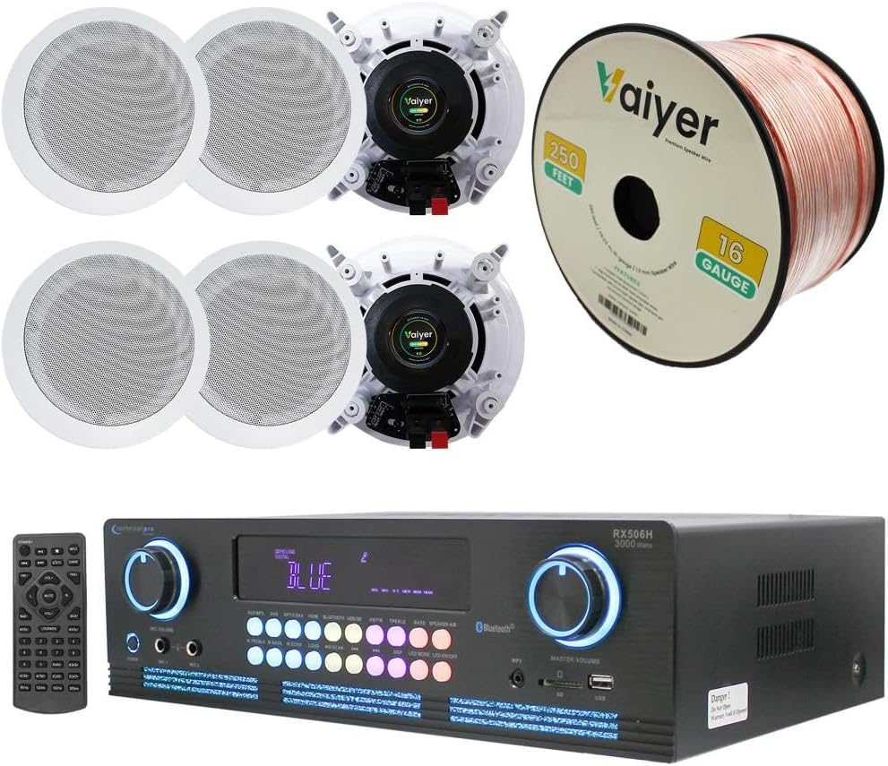Home Theater System Kit 2000 Watts Bluetooth Amplifier with 6 Qty 6.5″ 200 Watts in-Wall in-Ceiling Speakers & 16 Gauge 250 ft. Speaker Wire by Technical Pro