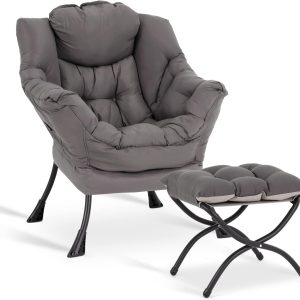 LITA Lazy Chair with Ottoman, Modern Accent Leisure Upholstered Lazy Sofa Armchair, Contemporary Lounge Reading Chair with Armrests and a Side Pocket for Living Room, Bedroom & Small Space, Dark Grey