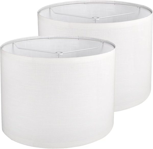 Drum Lamp shades Set of 2, White Line Lamp Shades for Table Lamps Floor Lamp, 13" Top X 13" Bottom X 10" High Large Fabric Lamp Shades, Easy Assembly Replacement Lampshades