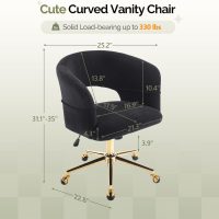 VINGLI Modern Curved Office & Vanity Desk Chair, Cute Upholstered Nail Chair with Wheels & 360° Swivel & Club & Tilting & Gold Base, for Bedroom, Living Room, Makeup, Velvet Chenille, Black - Image 2