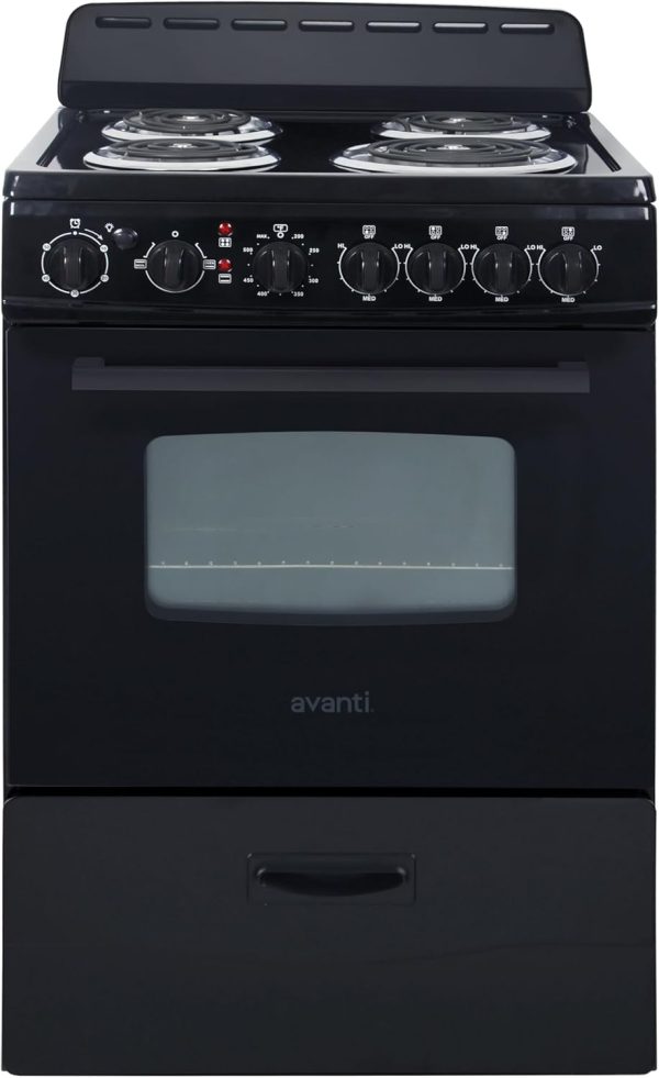 Avanti ERU240P1B Electric Range Oven Compact Design, 2.6-Cu.Ft. Capacity with 4 Coil Burners, Framed Glass Door, Storage Drawer and Broiler with Pan Perfect for Apartment RV Tiny Home, 24-Inch, Black