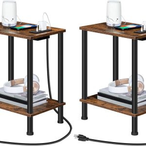 HOOBRO Side Table with Charging Station, Set of 2 End Tables with USB Port and Outlets, Nightstand with 2-Layer Storage Shelves for Small Spaces, Living Room, Bedroom, Rustic Brown BF09UBZP201