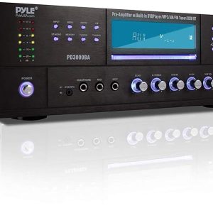 Pyle 4 Channel Wireless Bluetooth Amplifier - 3000 Watt Stereo Speaker Home Audio Receiver w/ FM Radio, USB, 2 Microphone w/ Echo for Karaoke, Front Loading CD DVD Player, LED, Rack Mount - PD3000BA