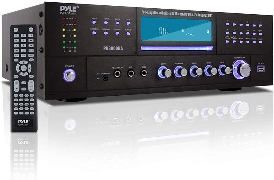 Pyle 4 Channel Wireless Bluetooth Amplifier – 3000 Watt Stereo Speaker Home Audio Receiver w/ FM Radio, USB, 2 Microphone w/ Echo for Karaoke, Front Loading CD DVD Player, LED, Rack Mount – PD3000BA