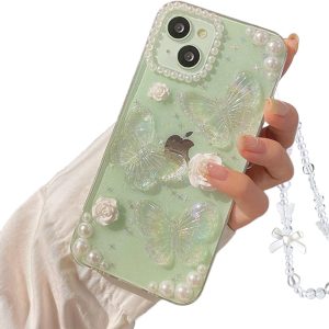 Fycyko Compatible with iPhone 14/13 Butterfly Floral Clear with Design Aesthetic Women Teen Girls Glitter Pretty Crystal Sparkle Sparkly Cute Girly Phone Cases Protective Cover+Chain-Clear