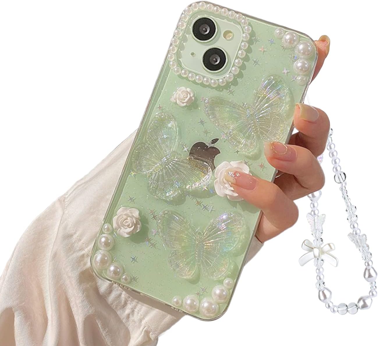 Fycyko Compatible with iPhone 14/13 Butterfly Floral Clear with Design Aesthetic Women Teen Girls Glitter Pretty Crystal Sparkle Sparkly Cute Girly Phone Cases Protective Cover+Chain-Clear