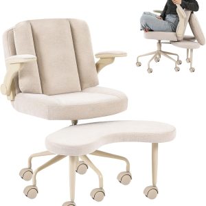 Meditation Cross Legged Armchair, ADHD Chair with Adjustable Armrests, Criss Cross Desk Chair with Flexible Back Cushion, Swivel Footrest, Arm Support and Wheels for Home Office, Beige