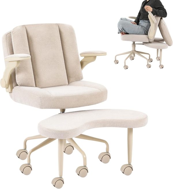 Meditation Cross Legged Armchair, ADHD Chair with Adjustable Armrests, Criss Cross Desk Chair with Flexible Back Cushion, Swivel Footrest, Arm Support and Wheels for Home Office, Beige