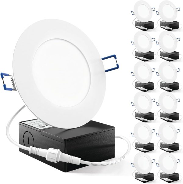 Sunco 12 Pack 4 Inch LED Recessed Lights, Slim Canless Ceiling Lighting, 650 LM, 10W (60W Equivalent), 6000K Daylight Deluxe, Dimmable, Wafer Thin, Ultra Thin with Junction Box ETL