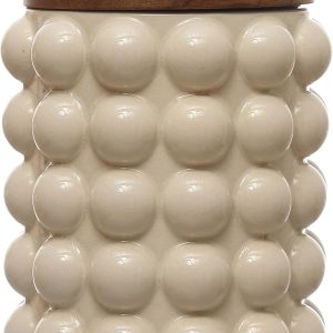 Creative Co-Op 5.75 Inches Round Stoneware Canister with Raised Dots and Acacia Wood Lid, White and Natural