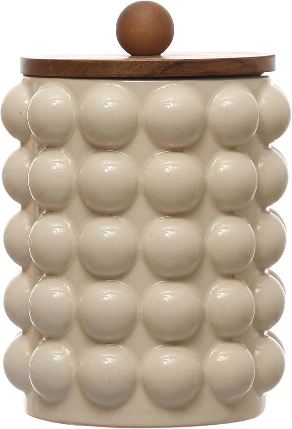 Creative Co-Op 5.75 Inches Round Stoneware Canister with Raised Dots and Acacia Wood Lid, White and Natural