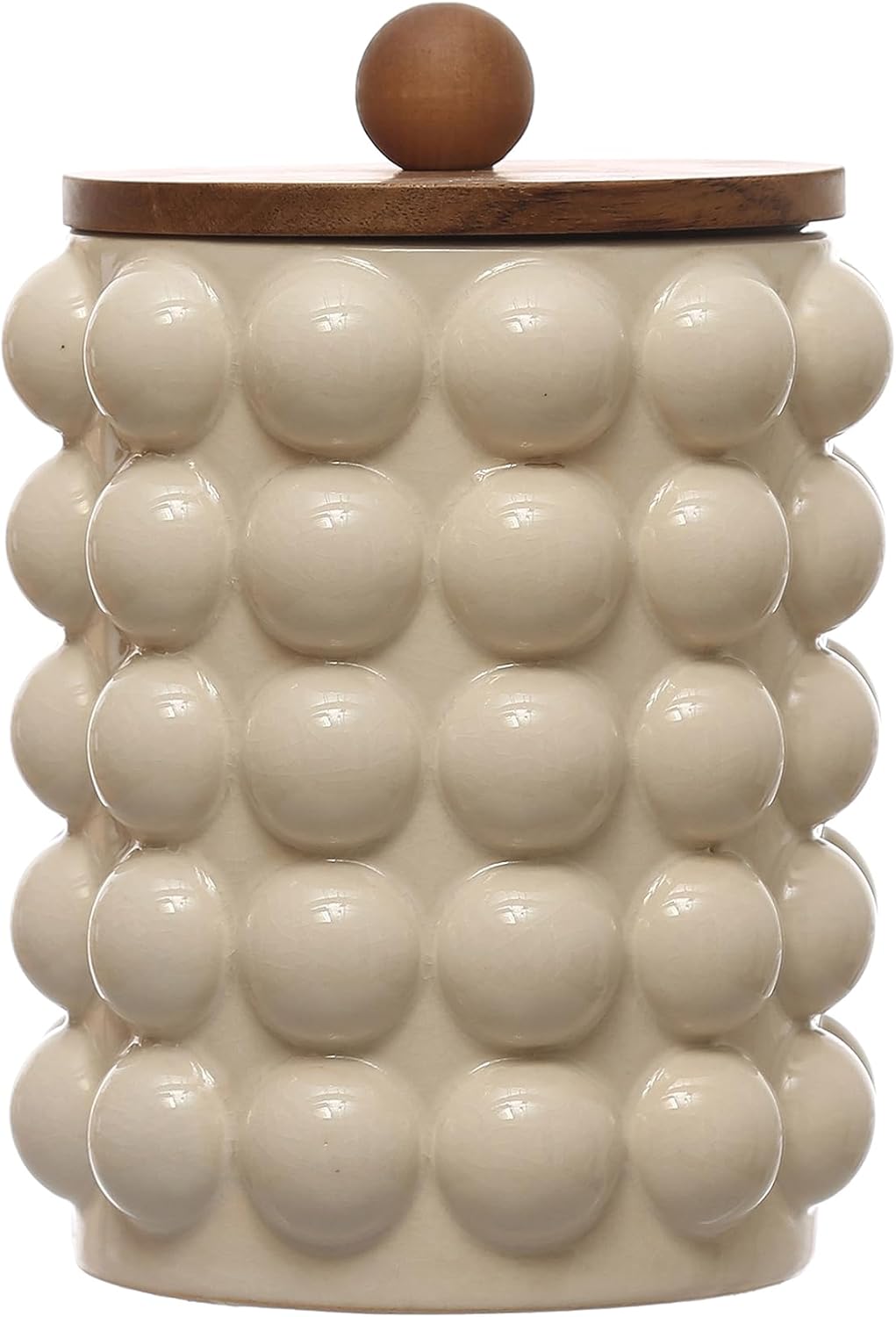 Creative Co-Op 5.75 Inches Round Stoneware Canister with Raised Dots and Acacia Wood Lid, White and Natural