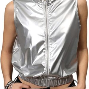 Women's Metallic Zip Up Crop Tank Top Mock Neck Collar Sleeveless Vest Jacket
