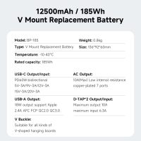185Wh Mini V Mount Battery, 12500mAh V Lock Battery Support PD 60W Fast Charging with USB-C, D-TAP, USB-A, AC Output Port for Video Broadcast Camera Camcorder Monitor Video Light - Image 9