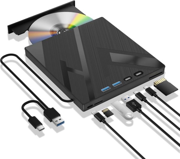 7 in 1 External Blu Ray Drive, External Blueray/DVD Drive for PC with SD/TF Port Blu Ray Burner, Support 100G Disc R/W for PC External Blu Ray Drive for Windows Linux MacOS Laptop Desktop