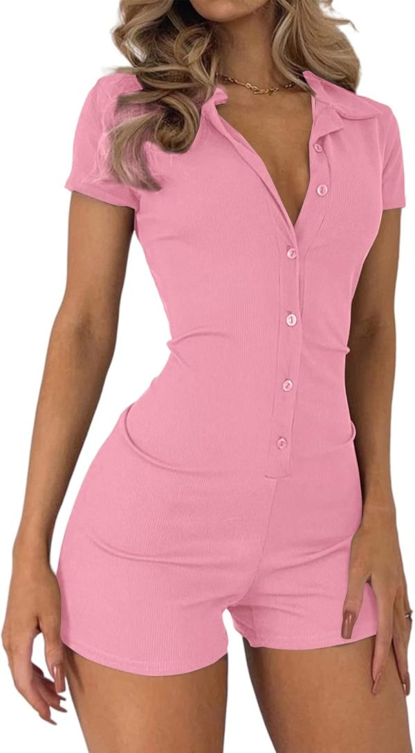 Women's Collar Button Down Short Sleeve One Piece Romper Playsuit Bodysuit