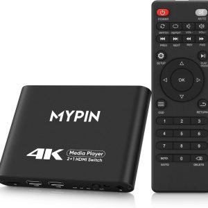 4K@30 Media Player with 2 in 1 Out HDMI Switch Function, 2 Port HDMI Switcher Splitter, Automatic Switch with Remote, Medie Player Supports Image, Music, Video Playback