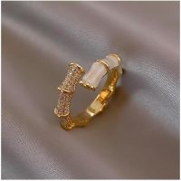 Bamboo Design Cubic Zirconia Decor Ring For Women Open Cat Eye Stone Adjustable Metal Finger Ring Dainty Jewelry Gift For her - Image 6
