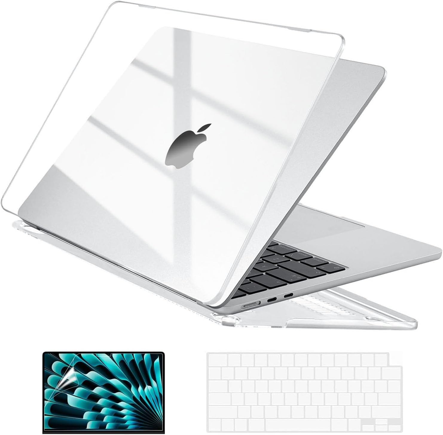 EooCoo Case Compatible with MacBook Air 15 inch M4 2025 2024 2023 Release A3241 M3 A3114 M2 A2941 Liquid Retina Display, Plastic Hard Shell Case + Keyboard Cover + Screen Protector, Crystal Clear