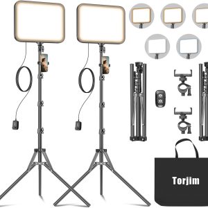 Torjim LED Video Light Kit | 24W, 3000-6500K Dimmable | 5 Lighting Modes | Studio Lights with Tripod Stand, Phone Holder & Wireless Remote | Professional Photography Lighting for Video Recording