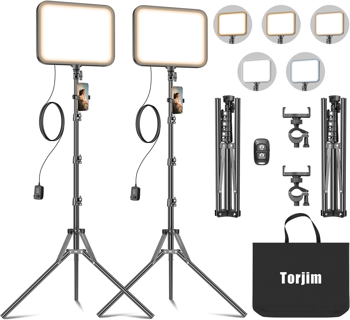 Torjim LED Video Light Kit | 24W, 3000-6500K Dimmable | 5 Lighting Modes | Studio Lights with Tripod Stand, Phone Holder & Wireless Remote | Professional Photography Lighting for Video Recording