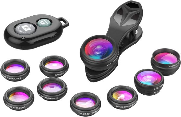 Apexel Phone Camera Lens-Macro Lens+Wide Lens+Fisheye Lens+Telephoto Lens+CPL/Flow/Radial/Star Filter+Kaleidoscope 3/6 Lens 10 in 1 Lens Kit +Remote Shutter for iPhone, Samsung,LG and Most Smartphones