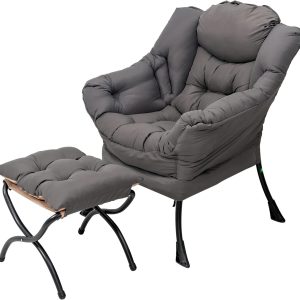 Welnow Lazy Chair with Ottoman, Modern Lounge Accent Chair with Armrests and a Side Pocket, Leisure Sofa Armchair, Reading Armchair with Footrest for Small Space, Dark Grey