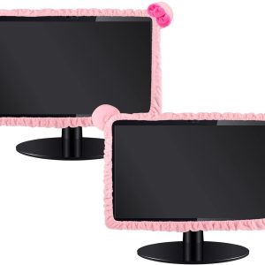 Hoteam 2 Pcs 17''-24'' Kawaii Computer Monitor Cover with Cat Ear Furry Cute Pink Monitor Dust Cover Protector Lovely Computer Desk Accessories Laptop TV LCD Screen Decoration for Tablet