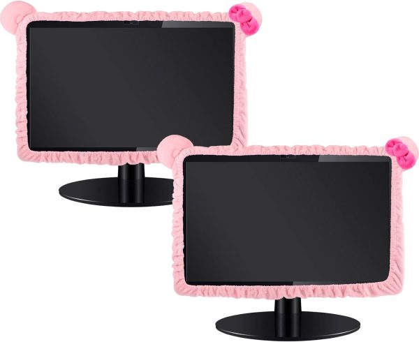 Hoteam 2 Pcs 17''-24'' Kawaii Computer Monitor Cover with Cat Ear Furry Cute Pink Monitor Dust Cover Protector Lovely Computer Desk Accessories Laptop TV LCD Screen Decoration for Tablet