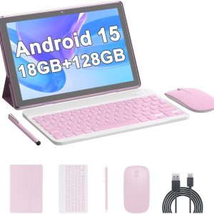 Android 15 Tablet, 10 inch 18GB RAM 128GB ROM, 2.0Ghz Quad-core Processor Tablet, 1280*800 IPS Touch Screen, 2.4G/5G WiFi, 2 in 1 Tablets with Keyboard, Case, Mouse, Stylus, 6000mAh Battery 8MP Camera