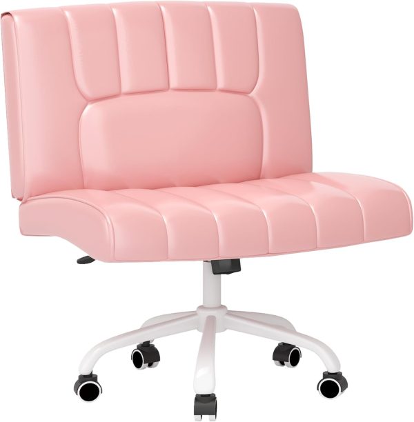 FLEXISPOT Pink Criss Cross Chair with Wheels, Pink Desk Chair Vanity Chair with Back/4.7in Thick Seat Cushion, 25 * 23in Wide Comfortable Office Chair, Leather Seat