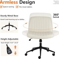 Criss Cross Chair Armless Computer Task Chair, Wide Comfty Swivel Fabric Height Adjustable Vanity Chair w/Replaceable Wheels/Fixed Base/Padded, Beige Leather - Image 5