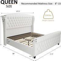 AMERLIFE Queen Size Platform Bed Frame, Chenille Upholstered Sleigh Bed with Scroll Wingback Headboard & Footboard/Button Tufted/No Box Spring Required/Cream - Image 2