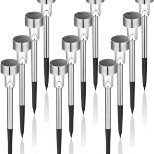 GIGALUMI Solar Lights Outdoor Waterproof, 12 Pack, Stainless Steel LED Solar Garden Lights for Patio, Lawn, Yard and Landscape, Cold White