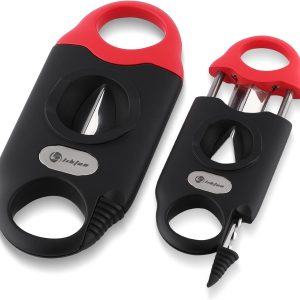 Cigar Cutter V Cut with Cigar Draw Enhancer 2 Cigar Holders, Stainless Steel Cigar Cutter, 3-in-1 Cigar Accessories, Father's Day Christmas Cigar Gifts, Cuts Up to 60 Gauge (Black-Red)
