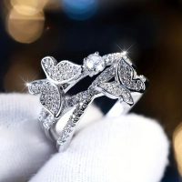 White Gold Plated Multi-layer Cubic Zirconia Elegant Butterfly-shaped Statement Ring Personalized Accessory Ideal for Women's Daily Casual Wear Party Holiday Anniversary Love Jewelry Gift - Image 5