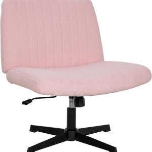 Criss Cross Chair, Armless Cross Legged Office Chair, Comfortable Vanity Chair with Back, Fabric Adjustable Wide Swivel Criss Cross Desk Chair for Home Office, Pink